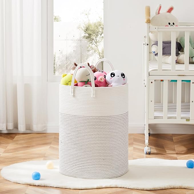Laundry Basket,Woven Cotton Rope Laundry Hamper,Versatile Storage for Dirty Clothes,Baby Toys,and Blankets in Bathroom, Nursery,and Living Room (White, 100L)