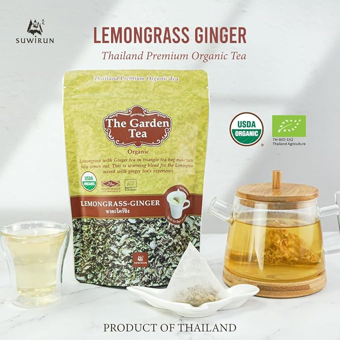 Suwirun Organic Lemongrass & Ginger Tea 25 Bags – Product of Thailand – Warming & Soothing Herbal Tea, Caffeine-Free, No Calories, Refreshing & Digestive Support