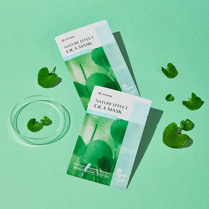 LEADERS Nature Effect Cica Mask – Hydrating & Soothing Face Mask with Cica & Tea Tree Extracts for Healthy Skin, Skin Calming & Moisturizing, Vegan & Plant-Derived, Sebum Control - 10 Sheets
