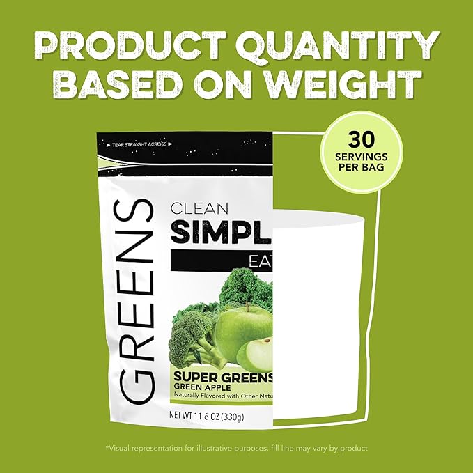 Clean Simple Eats Super Greens Powder, Naturally Flavored Greens Powder with Chlorella, Spirulina, Superfoods & Prebiotic Fiber, No Artificial Ingredients, Gluten Free, Green Apple Flavor, 30 Servings
