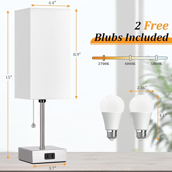 Dott Arts Touch Control Bedside Lamp, 3 Way Dimmable Nightstand Lamp with 2 USB Ports & AC Outlet, Modern Style, White Fabric Shade