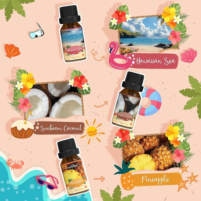 Beach Essential Oils Set, SNOWSEN Fragrance Oil for Diffuser, Candle Making, Soap Making, Spray,Sunbeam Coconut, Pineapple, Ocean Breeze, Sunset Cove, Golden Beach, Hawaiian Sea, Tropical Scented Oil