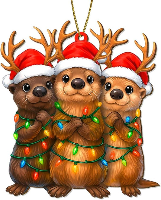 2 Side Printed Flat Christmas Wooden Ornaments, Animal Keepsake Hanging Tree Decoration, Funny Otter Ornament