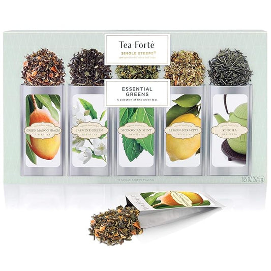 Tea Forte Green Tea Assortment Single Steeps Loose Leaf Premium Tea Gift Set Sampler, 15 Count 3 of Each Assorted Blends, Pre-Portioned Single Serve Pouches, Steeps 12 oz