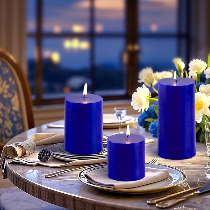 KONNI Classic Blue Pillar Candles Set of 3, 3"x 6" Unscented Pillar Candles Bulk, 56 Hours Long Burning Candles, Smokeless&Dripless Large Round Candle for Wedding, Home Decoration, Parties, Spas