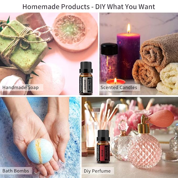 GREENSLEEVES Rose Jasmine Essential Oil Set, 2 x 10ml Pure Plant-Based Fragrance Oil for Aromatherapy, Essential Oils for Diffuser, Massage, Bath Bomb, Scented Candle Soap Making