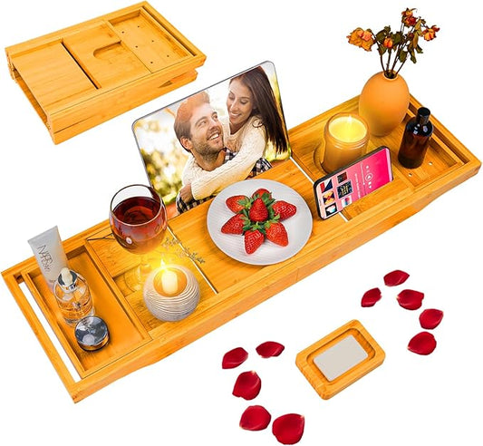 Foldable Bathtub Caddy Tray, Bamboo Bath Tub Tray Table for Tub with Wine Glass Holder Book Phone Tablet Holder with Extending Sides, Adjustable Bathroom Bathtub Free Soap Holder Gift Idea (Beige)