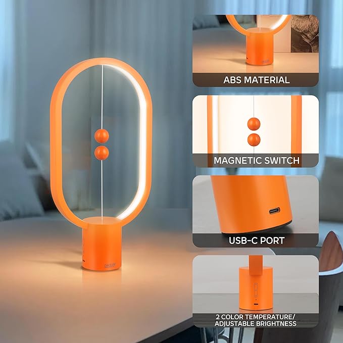 Heng Balance Light, USB Powered LED Table lamp, Creative, Magnetic Switch Night Light, dimmable Eye Protection Table lamp, Used for Gifts, Decoration Bedside, Dormitory and Office(Orange)