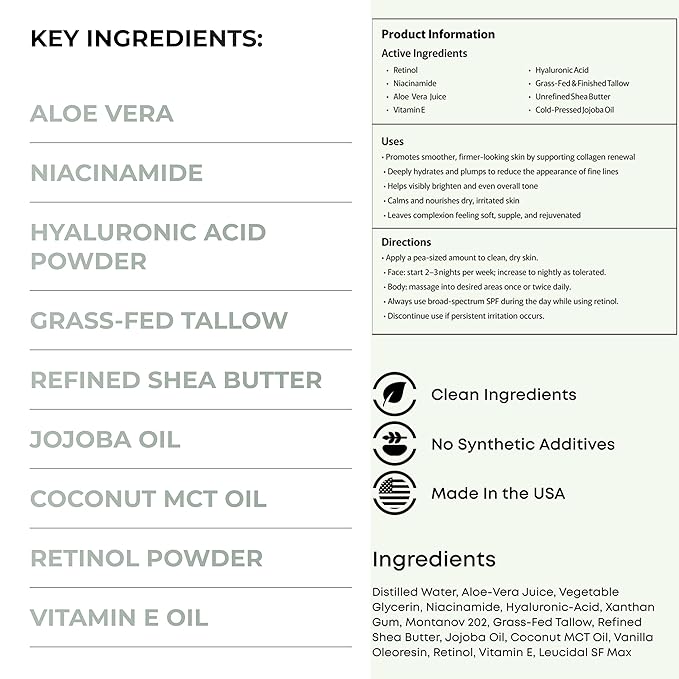 Firming Retinol Body Lotion for Wrinkles & Crepey Skin – Anti-Aging Moisturizer with Hyaluronic Acid, Niacinamide, Aloe Vera, Shea Butter & Grass-Fed Tallow Skincare