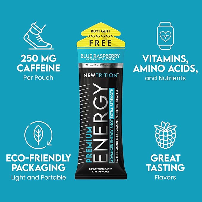 NewTrition® Extra Strength Energy Shots, 250mg Caffeine Energy Shots with Vitamin B & Amino Acids, Sugar-Free Vitamin Energy Shot, 1.7 fl oz (Pack of 24, Blue Raspberry)