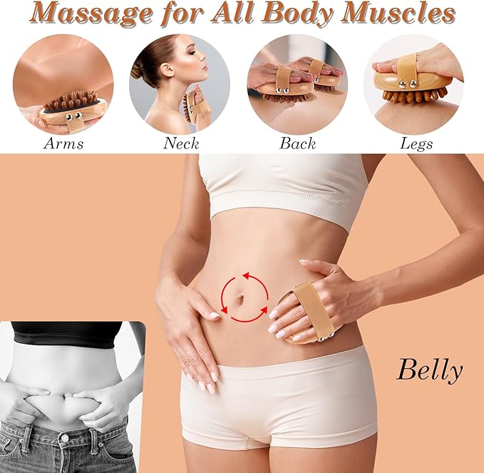 Patelai 12 Pack Wooden Lymphatic Massage Tools with Air Cushion & Elastic Band Cellulite Remover & Body Shaping Kit Meridian Brush, Gua Sha Comb for Scalp, Muscle Pain Relief & Hair Growth