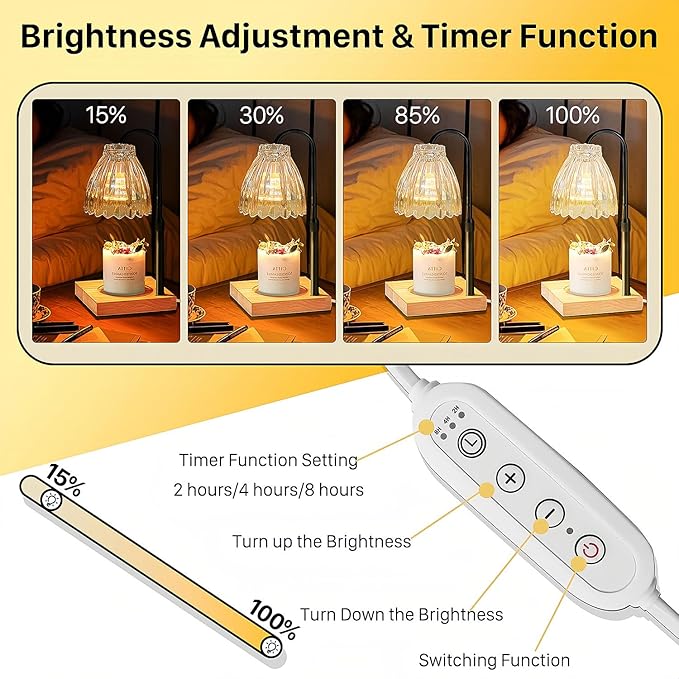Candle Warmer Lamp with Timer, Dimmable Melted Wax Warmer with Two Bulbs, Height Adjustable Candle Lamp for Bedroom, Living Room Home Decor, House Warming Gift (Black Pole + White Lampshade)