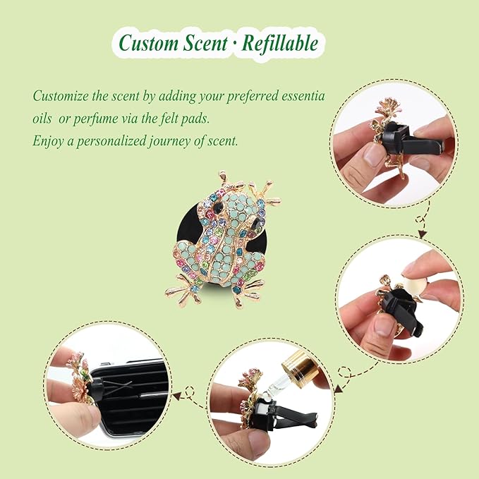 Frog Car Decor,2pcs Tree Frog Car Air Freshener Vent Clips,Cute Dashboard Decorations for Women Teens,Refillable Outlet Diffusers,Alloy Coloful Rhinestones Charm