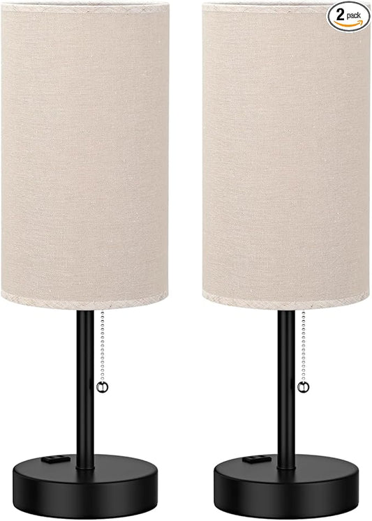 Fenmzee Plus Beige Bedside Table Lamps Set of 2-3 Color Temperatures Pull Chain Lamp with AC Outlet Charging Port, Two Round Night Stand Lamps for Bedroom Guest Room Office, Bed Side Light