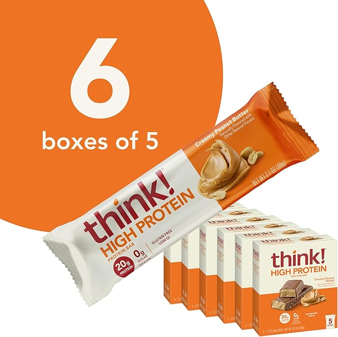think! Protein Bars, High Protein Snacks, Gluten Free, Kosher Friendly, Creamy Peanut Butter, Nutrition Bars, 2.1 Oz per Bar, 30 Count (Packaging May Vary)