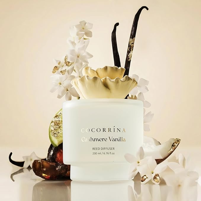 COCORRÍNA Gypsum Flower Reed Diffuser Set for Bathroom Décor – Cashmere Vanilla Scent, 6.76 oz with Sticks & Oil – Home Fragrance for Bathroom & Living Space