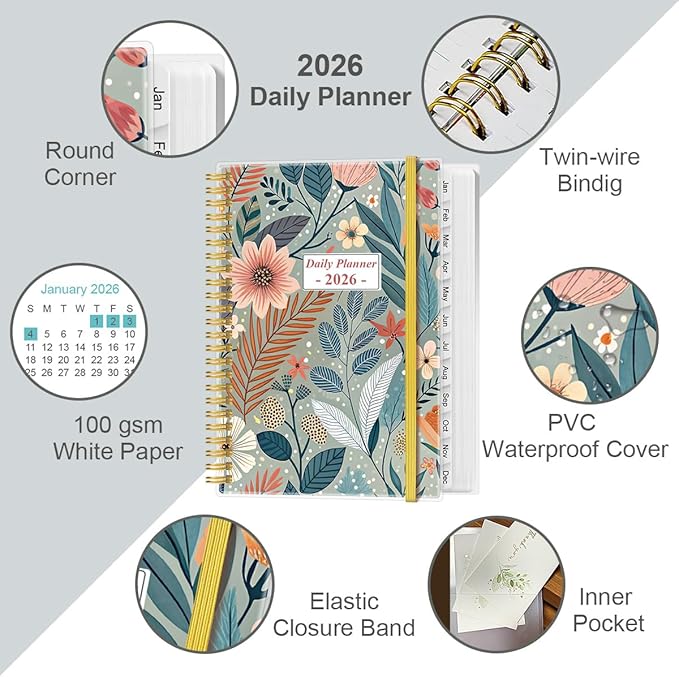 2026 Daily & Monthly Planner - One Page Per Day, Daily Planner 2026 from January 2026 to December 2026, Planner 2026 with 12 Monthly Tabs, 6.4" x 8.5", Flower-A