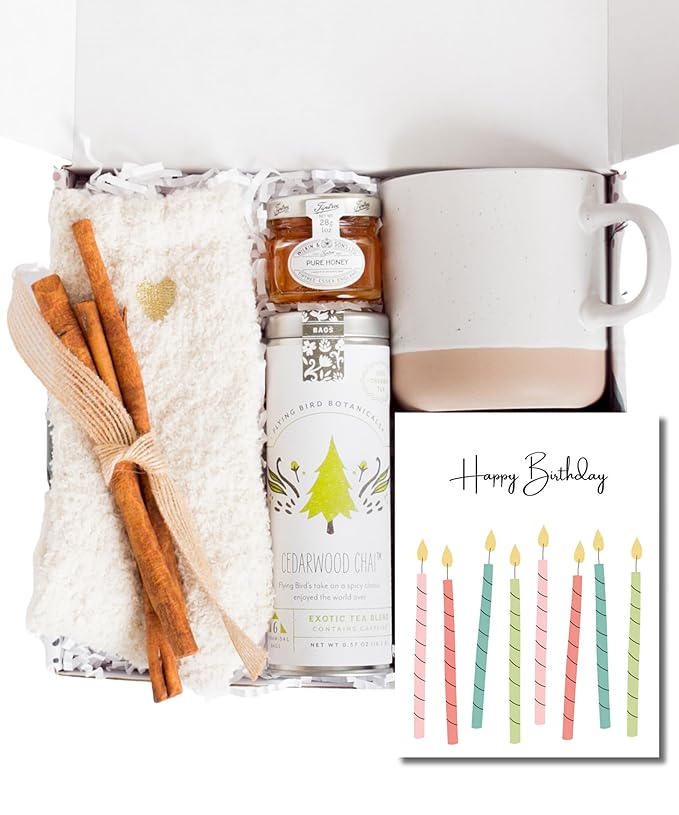 Unboxme Birthday Gift Basket for Women - Soothing Self Care Box with Fluffy Socks, Ceramic Mug, Chai Tea, Honey & Cinnamon for Mom, Sister, Friends and Coworkers