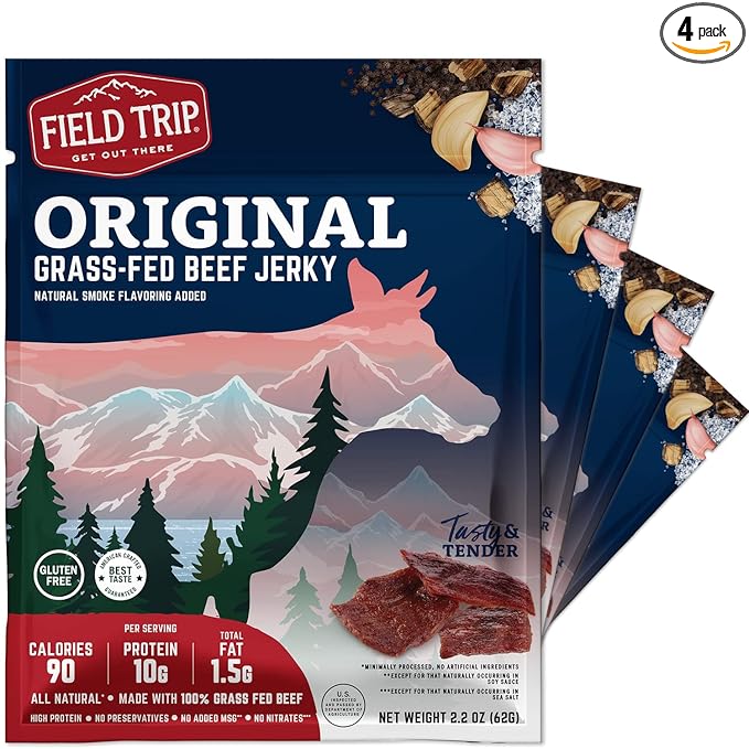 Field Trip Grass Fed Beef Jerky, Healthy Gluten Free Snacks, All Natural, High Protein Snack with No Nitrates, 2.2 Ounce Bag, 4 Pack, Original