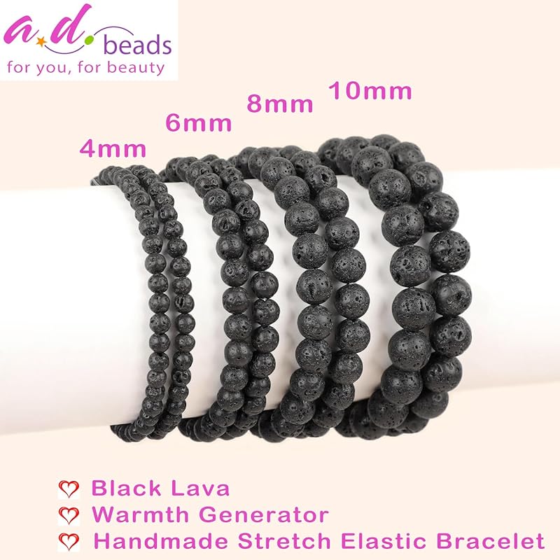 AD Beads Handmade Gemstone Stretch Elastic Bracelet Crystal Healing Reiki Nature's Beauty and Spiritual Essence Unisex (8mm, Black Lava (Warmth Generator))