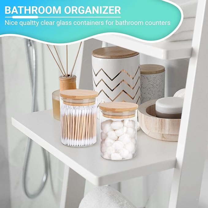 2 Pack Glass Qtip Holder Dispenser Set - Apothecary Jars with Lids for Vanity Makeup Organizer - Bathroom Canister Storage Organizer for Cotton Ball, Swab, Round Pads,Floss