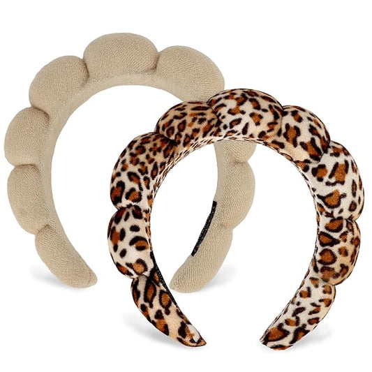 AMCAMI 2 PCS Puffy Spa Headband for Women Sponge Headbands for Girls Terry Towel Cloth Fabric Head Band for Face Washing (Brown & leopard print)