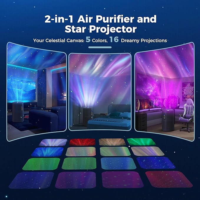 AROEVE Air Purifier for Large Rooms up to 1,782 Sq. Ft. with Star Projector, Smart WiFi, Air Quality Sensor, UV Function, and Washable Filter for Whole Home Use for a Cozy Holiday, MK09W Black