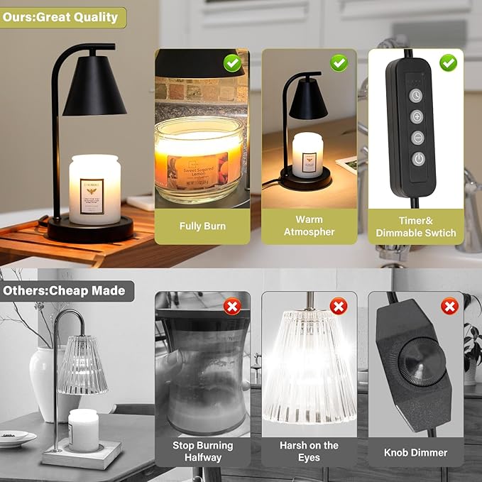 Hong-in Candle Warmer Lamp - with Timer & Dimmer, Modern Home Decor House Warming Gifts Wax Melt Warmer for Jar Candles with 2 Bulbs, Cozy Birthday Gift for Women Mom (Black)
