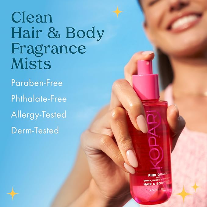 Kopari Pink Guava Hair & Body Mist – Guava, Mango, Mandarin, Coconut, Vanilla & Sandalwood Scent, Long-Lasting Clean Fragrance Spray, Vegan & Cruelty-Free, 4 oz