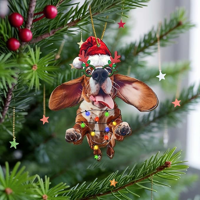 Basset Hound Christmas Tree Keepsake Ornaments, Funny Dogs Themed 2 Side Printed Flat Wooden Ornament, Xmas Hanging Decor