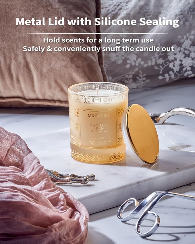 M&SENSE Vanilla Bean Scented Candles for Christmas Thanksgiving Gift Set, House Warming Gifts New Home, 7.4 oz 45 Hours Slow Burning, Natural Soy Candle for Home Scented