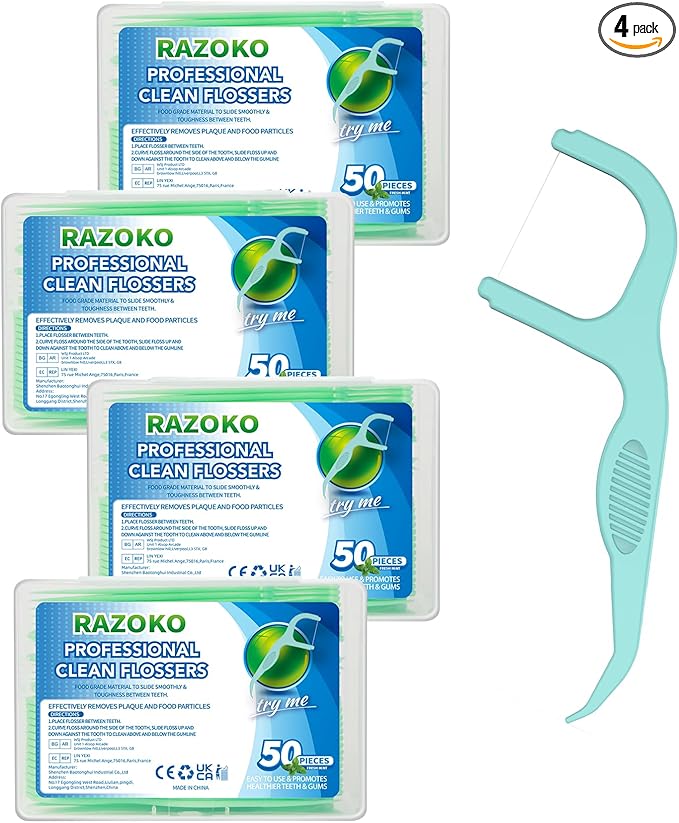 RAZOKO Dental Floss Picks Extra Strong Flosser Pick Toothpicks Fresh Mint 200 Count