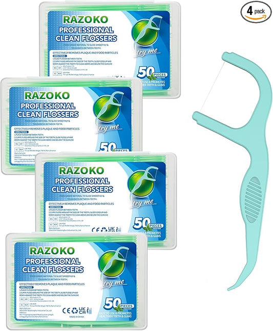 RAZOKO Dental Floss Picks Extra Strong Flosser Pick Toothpicks Fresh Mint 200 Count