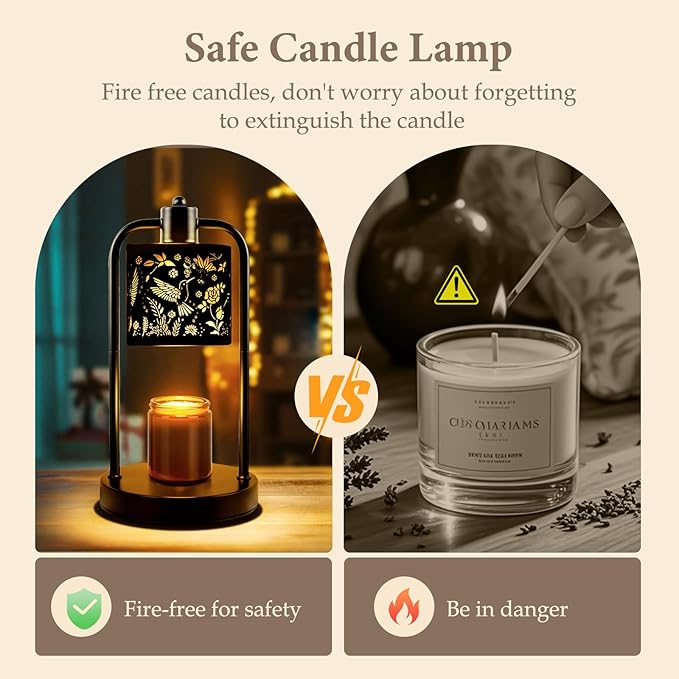 Candle Warmer Lamp Electric with Timer: Wax Melts Warmer - Dimmable Candle Warmer with Replacement Bulbs, Bedroom Home Decor Compatible with Various Candles (Black-Hummingbird)