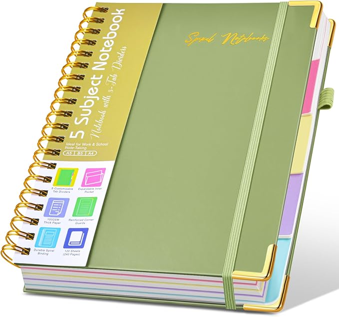 Hardcover Spiral Notebooks for Work, 5 Subject Notebook College Ruled with Dividers Tabs, Lined Organizer Notebook Journal for Women, 8"x10" Large B5 Notebooks for School Note Taking, 240 Pages Green