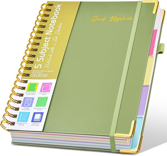 Hardcover Spiral Notebooks for Work, 5 Subject Notebook College Ruled with Dividers Tabs, Lined Organizer Notebook Journal for Women, 8"x10" Large B5 Notebooks for School Note Taking, 240 Pages Green
