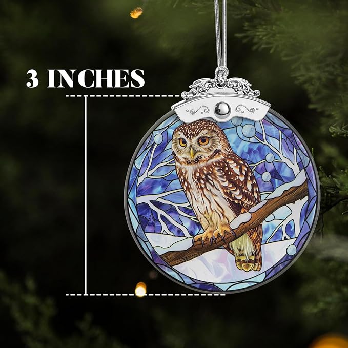 Christmas Tree Ornaments 3 Inch Clear Glass Blanks Round Print Ornament Christmas Hanging Decorative with Silver Ribbon (Owl)