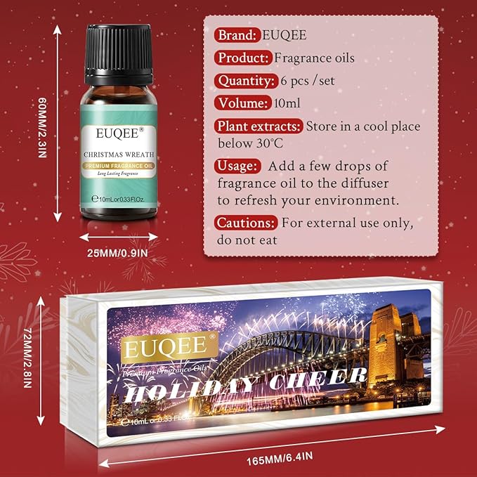 EUQEE Holiday Cheer Premium Fragrance Oils Set of 6 - Forest Pine, Christmas Wreath, Brown Sugar, Harvest Spice, Gingerbread, Pumpkin Pie - Scented Oils for Diffuser, Candle Making (10ml)