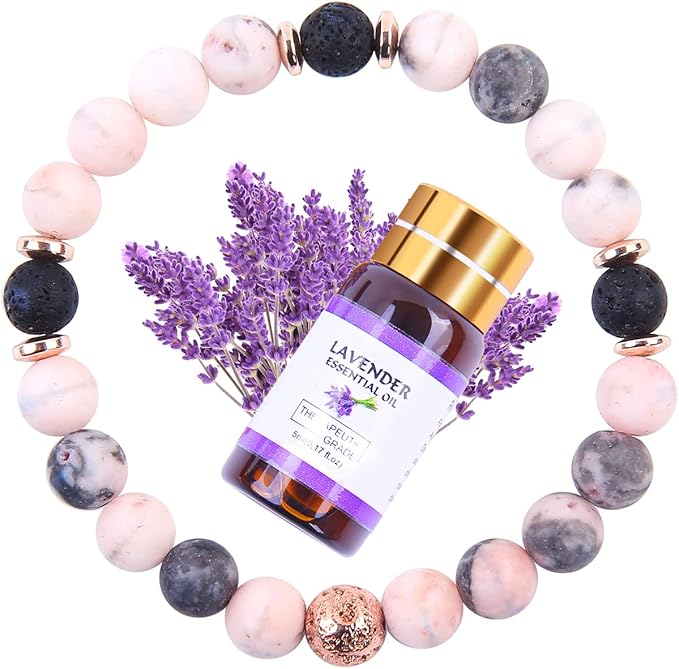 Lava Rock Diffuser Bracelets, Stone Beaded Bracelets Gift for Women Jewelry, Come with 5ml Lavender Essential Oil (Pink Zibra)