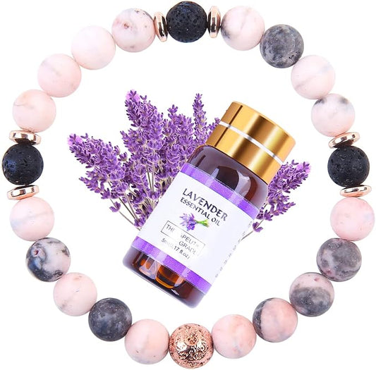 Lava Rock Diffuser Bracelets, Stone Beaded Bracelets Gift for Women Jewelry, Come with 5ml Lavender Essential Oil (Pink Zibra)