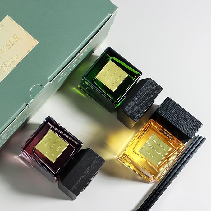 Reed Diffuser Set of 3, White Birch Cedar & Oud Bergamot & Green Tea Tree Essential Oil, 15 Diffuser Sticks, Hotel Collection Bathroom Air Fresheners, 50ml Home Fragrance for Room Decor