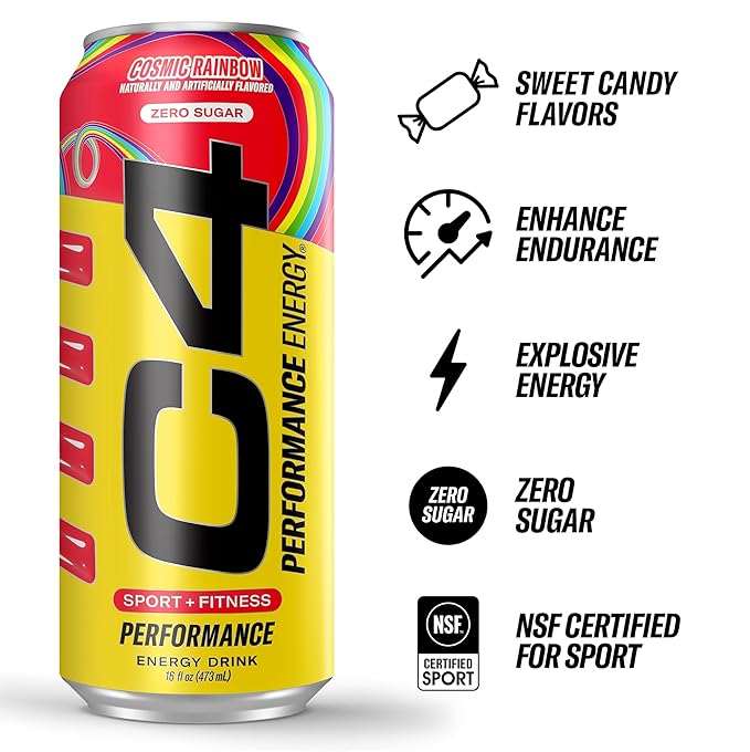 Cellucor C4 Performance Energy Drink | Cosmic Rainbow | Zero Sugar Carbonated Preworkout Energy | 200mg Caffeine with Beta Alanine | 16 Fl Oz (12 Pack), Packaging May Vary