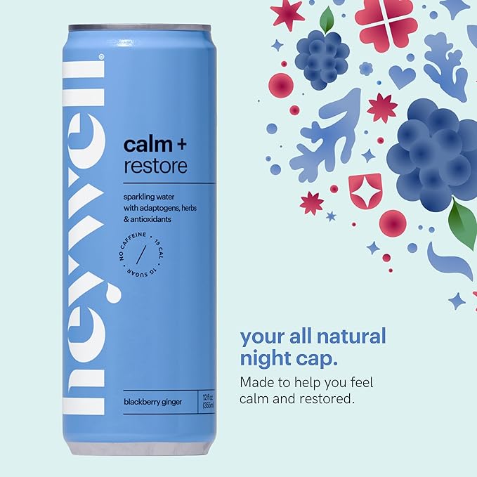 Heywell Sparkling Adaptogenic Water Calm and Restore, Blackberry Ginger Flavor 12 Fluid Ounce (Pack of 12) - Non Caffeinated, Organic, Non GMO, Vegan, Gluten Free, Dairy Free