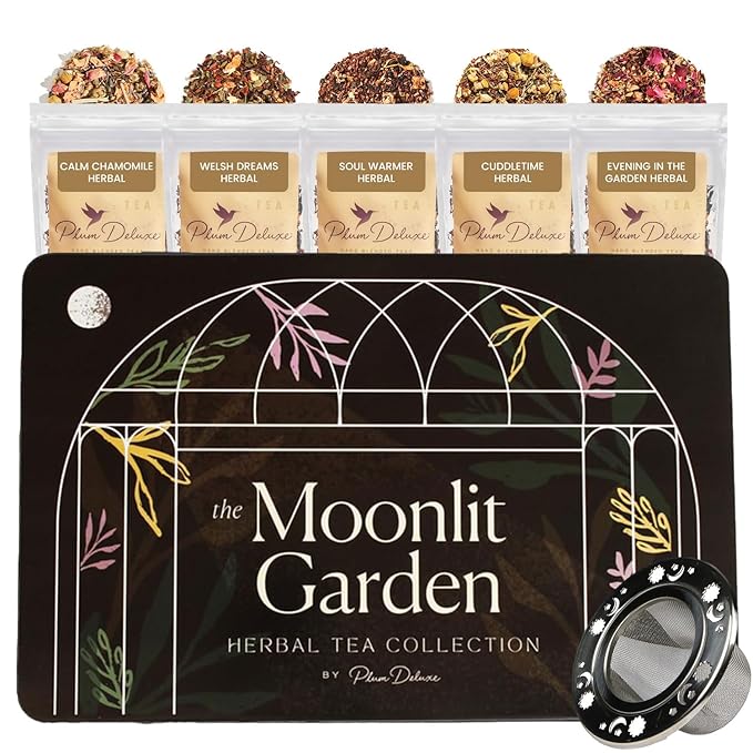Moonlit Garden Collection Assorted Herbal Tea Gift Set - Hand-Crafted Loose Leaf Teas, Presentation Gift Box with Loose Leaf Steeper Included, Sleepytime Tea - 5 Unique and Flavorful Teas, 75+ Cups