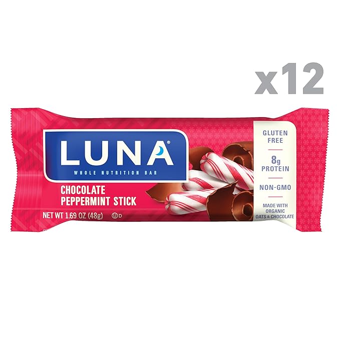 LUNA Bar - Chocolate Peppermint Stick Flavor - Snack Bars - Non-GMO - Gluten-Free Protein Bars - Made with Organic Oats (12 Pack)