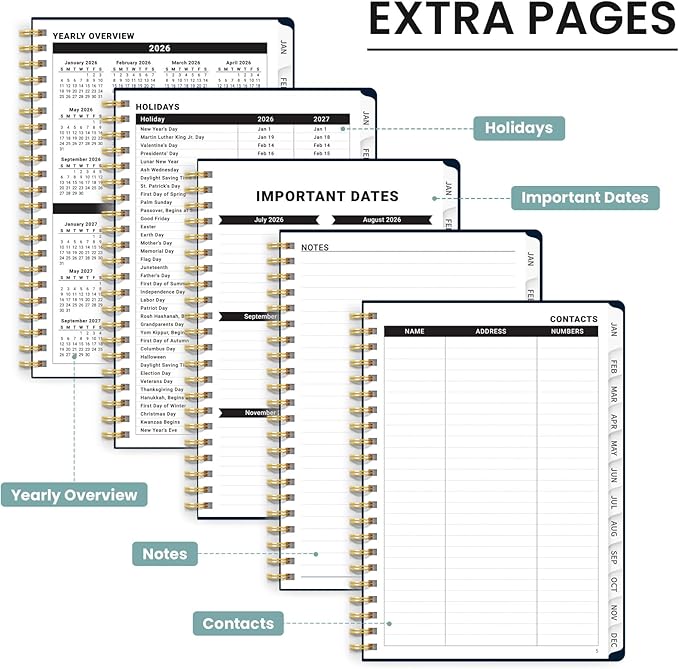 2026 Planner, Monthly and Weekly Calendar Planner for Women, January 2026 - December 2026, Hardcover Pretty 2026 Agenda Planner Book with Tabs, Spiral Bound, Perfect for School Office Home Supplies, 6.3" x 8.5" - Blue Patchwork