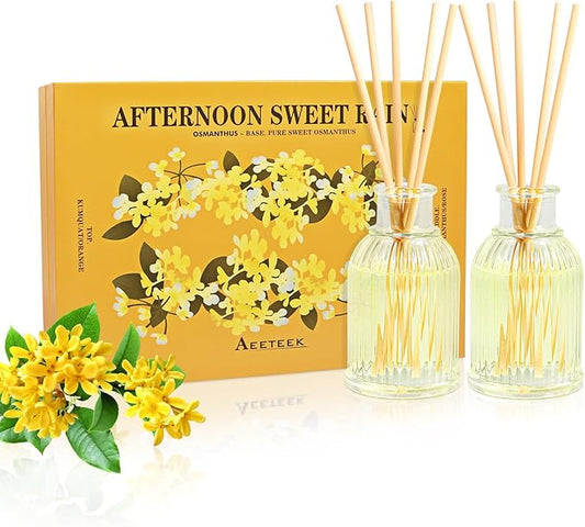 2-Pack Osmanthus Reed Diffuser Set, Kumquat Aroma Essential Oils, Amber Scented Oil Home Fragrance with 10pcs Sticks, Aromatherapy Air Freshener for Room Shelf Bathroom Decor