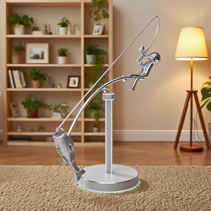 Kinetic Fishing Sculpture - Balance Art for Your Space, Kinetic Fishing Sculpture, Fisherman Home Decoration, Stainless Steel Balance Physics Toy (1PC*Silver)