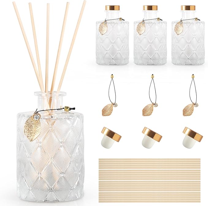 Glass Reed Diffusers Bottles for Home, Diffuser Bottles with 20PCS Reed Diffuser Sticks, Vintage Embossed Apothecary Style Flower Bud Vases with Cork Lids, Set of 3