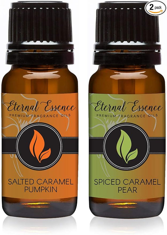 Eternal Essence Oils 2 Pack 10ml Premium Fragrance Oil - Salted Caramel Pumpkin & Spiced Caramel Pear - for Candle, Soap Making, Aromatherapy, Diffusers, Home Care, & Humidifiers